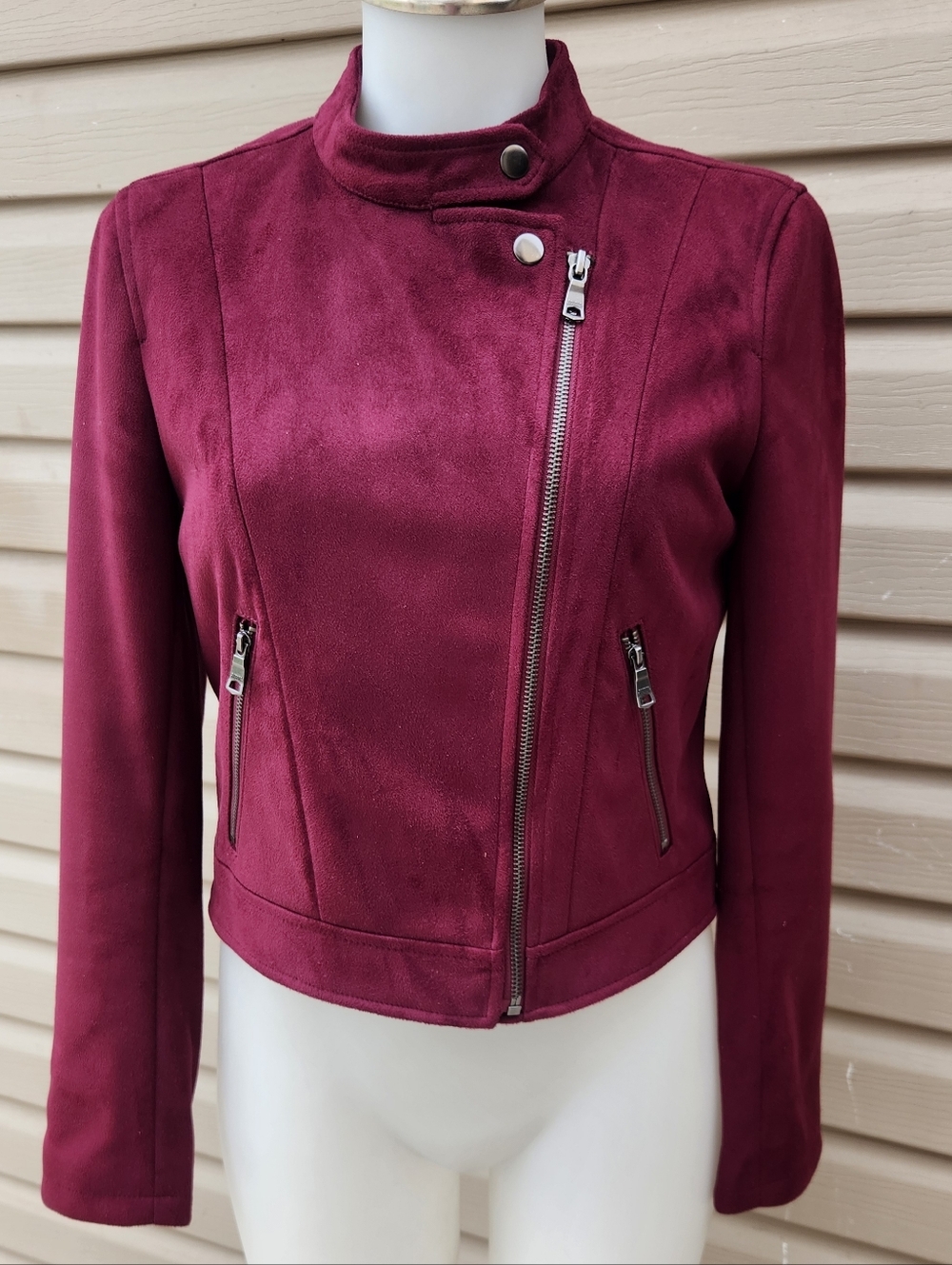 Banana Republic Banded Collar Vegan Suede Moto Jacket Beet Root XS EC